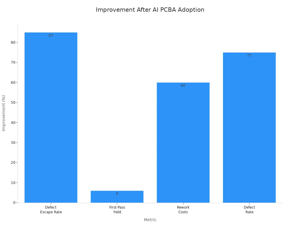 Bar chart showing improvement percentages for key metrics after AI PCBA adoption