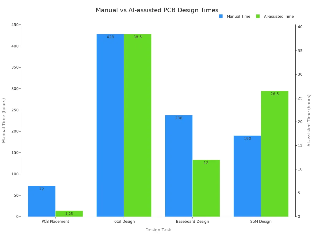 Bar chart comparing manual and AI-assisted times for various PCB design tasks, showing significant speedups.